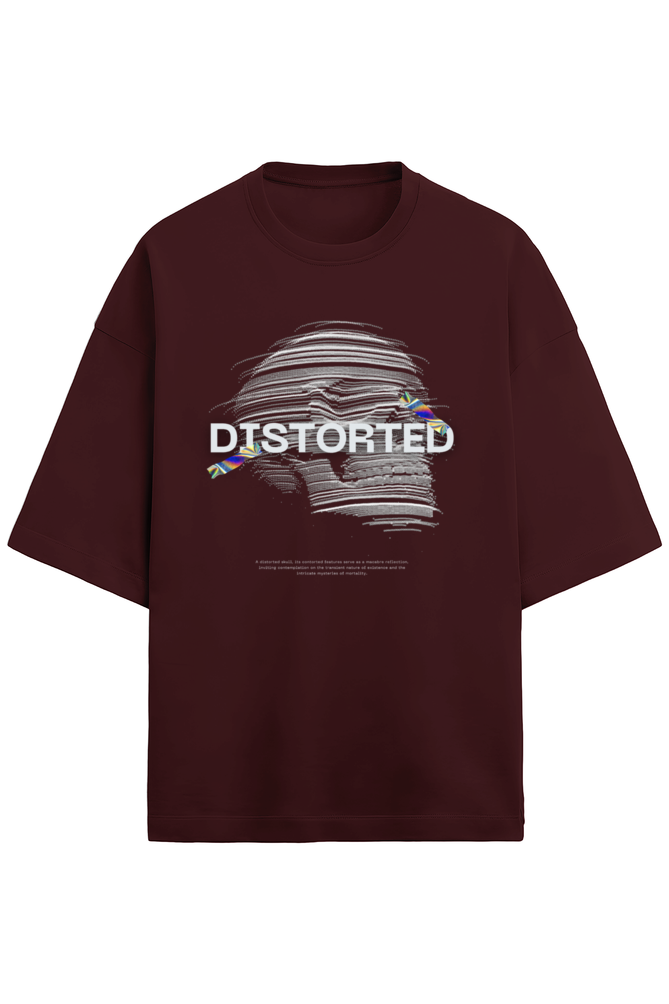 Maroon t-shirt with 'DISTORTED' graphic design on a white background