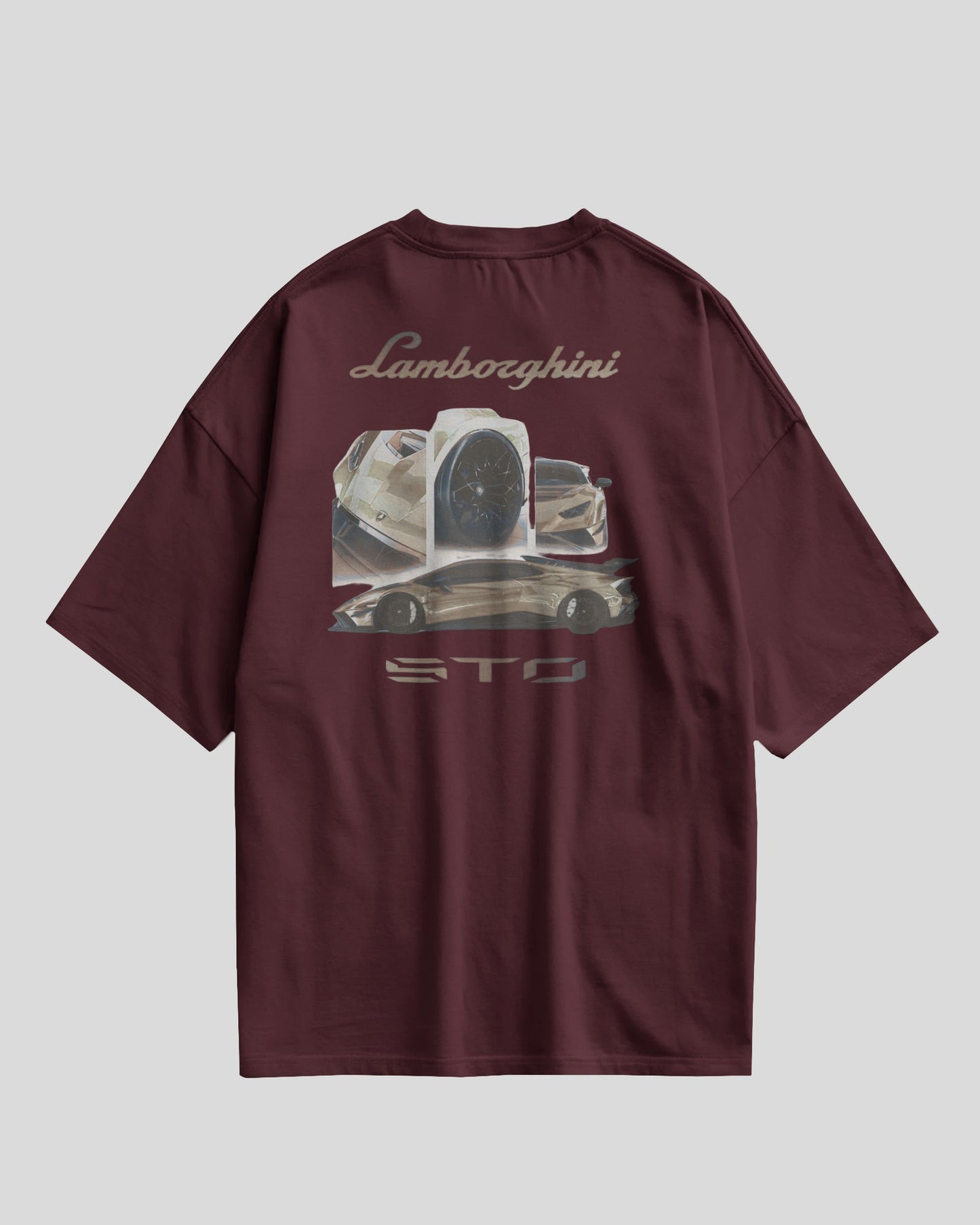 Maroon t-shirt with Lamborghini logo and car graphic on a light gray background