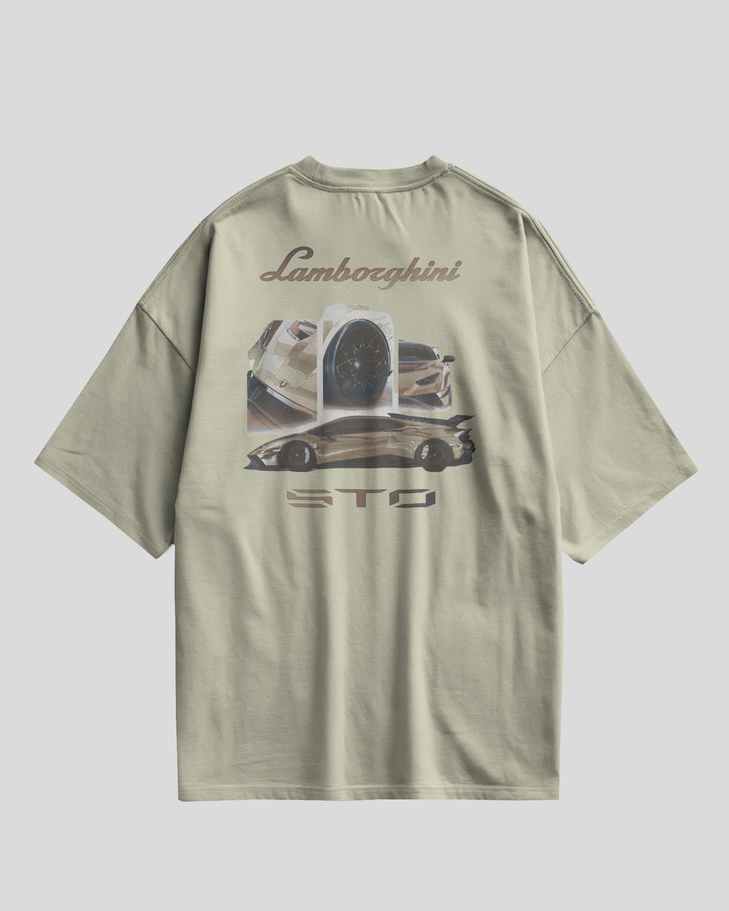 Green t-shirt with Lamborghini logo and car graphic on a light gray background