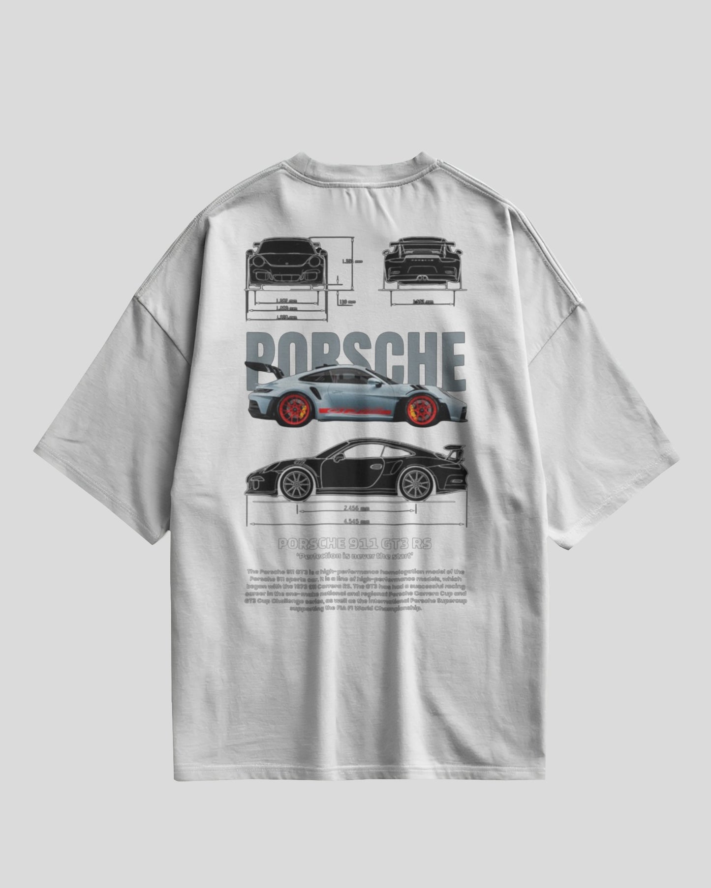 White t-shirt with Porsche car design on the back against a light gray background