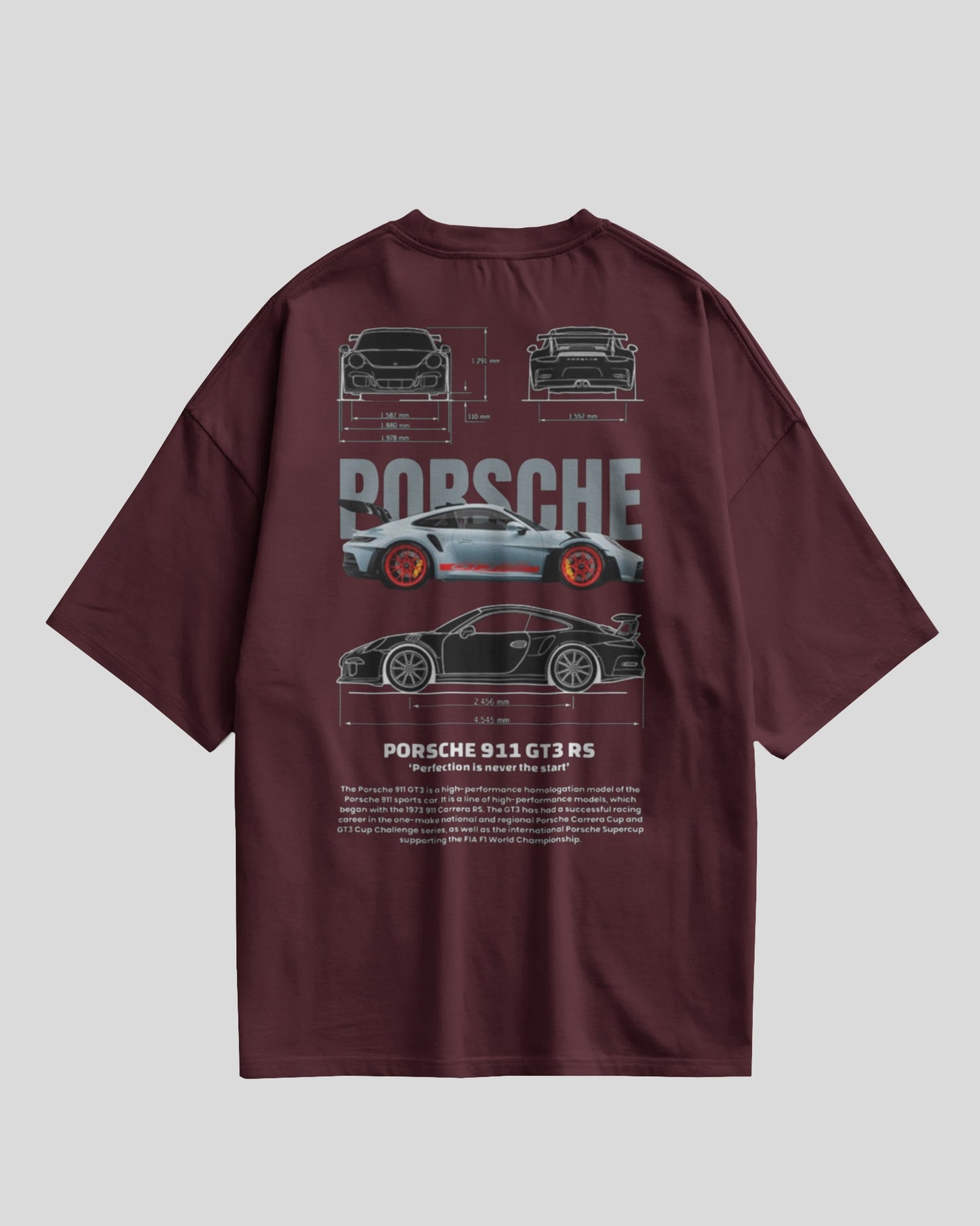 Maroon t-shirt with Porsche car design on a gray background