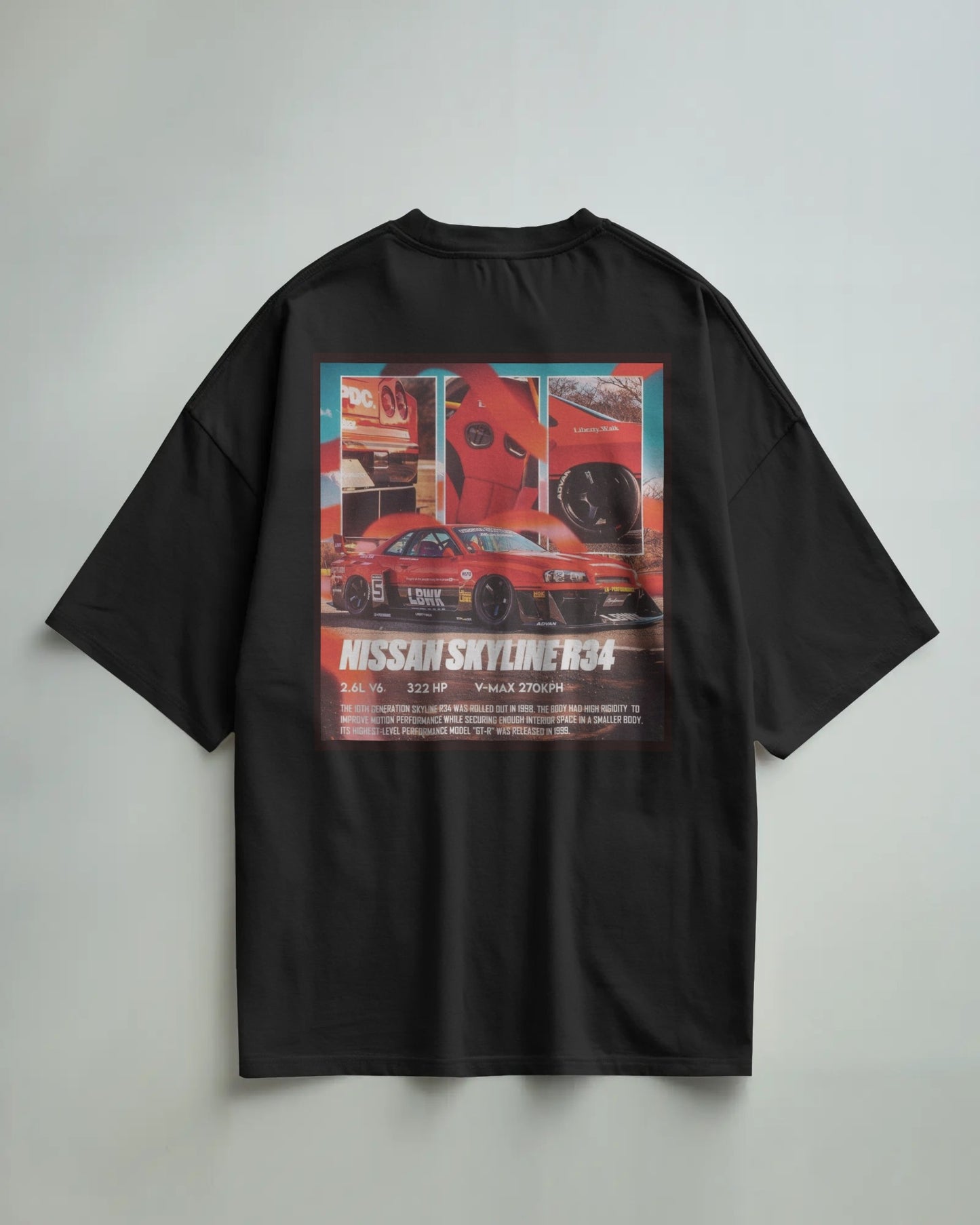 Colour_Black t-shirt with Nissan Skyline R34 graphic on a gray background