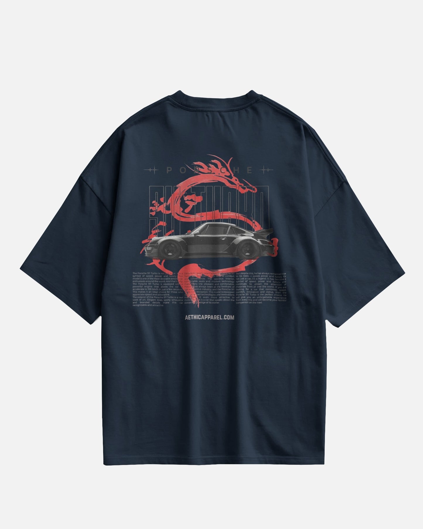 Colour_Navyblue t-shirt with red dragon graphic on a white background