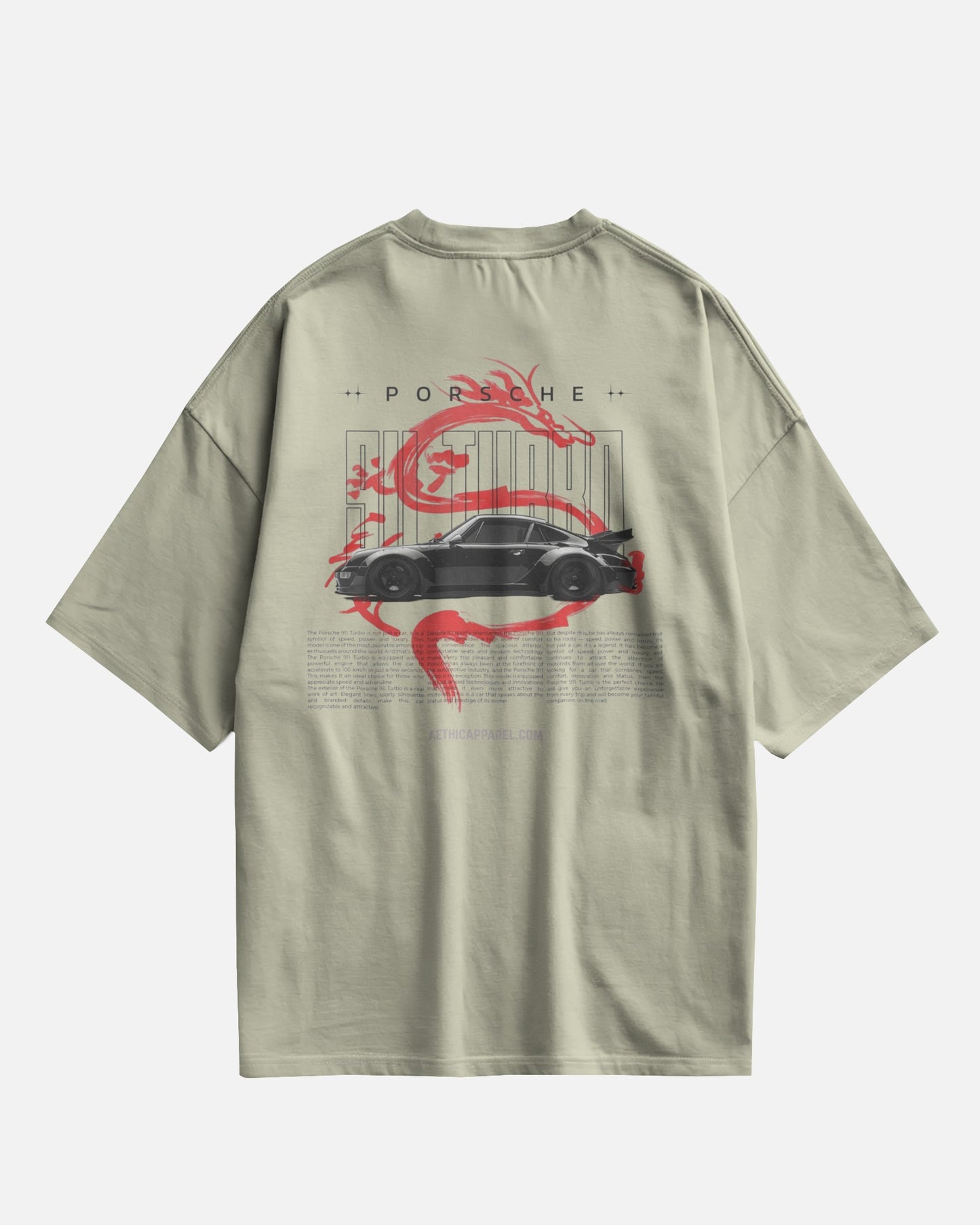 Colour_Offwhite t-shirt with a graphic design of a car and dragon on the back, on a white background.