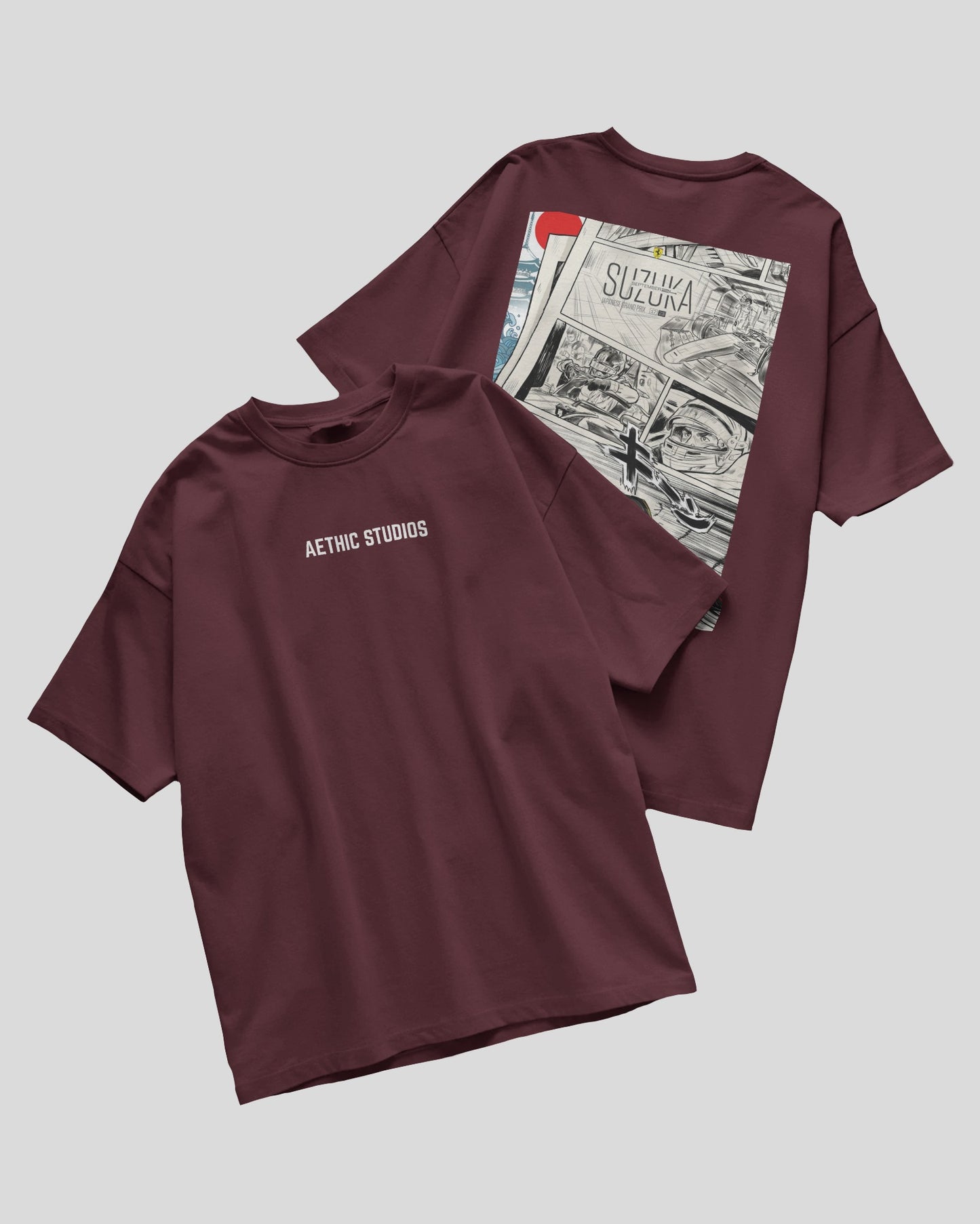 Maroon t-shirt with 'Aethic Studios' logo on front and comic book design on back, on a light gray background.