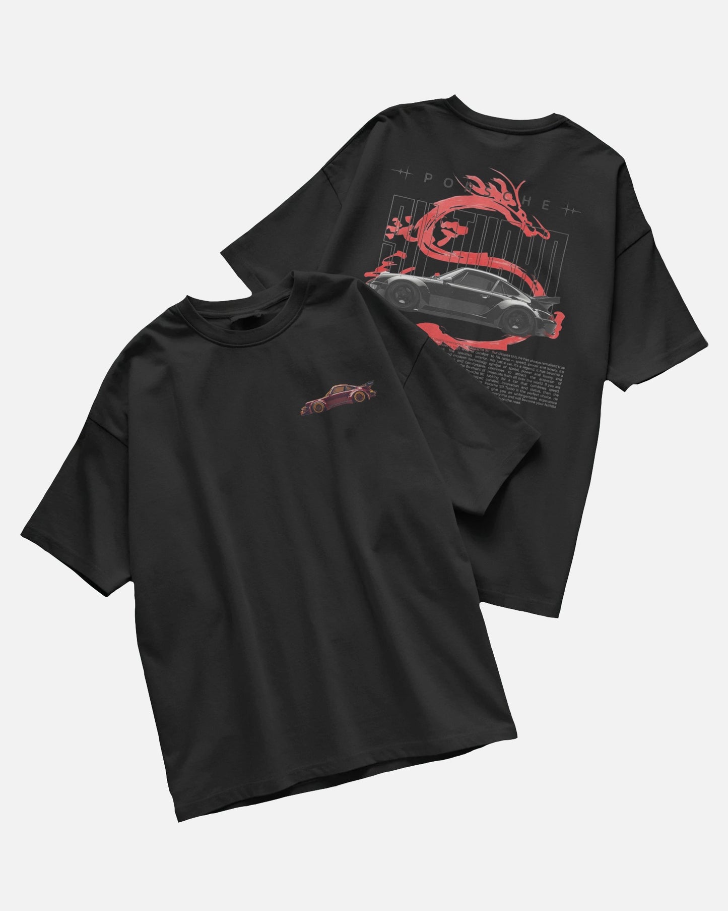 Colour_Black t-shirt with red graphic design on a light gray background