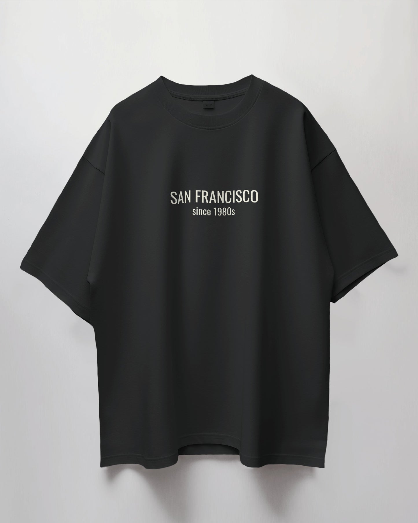 Black t-shirt with 'San Francisco since 1980s' text on a light gray background