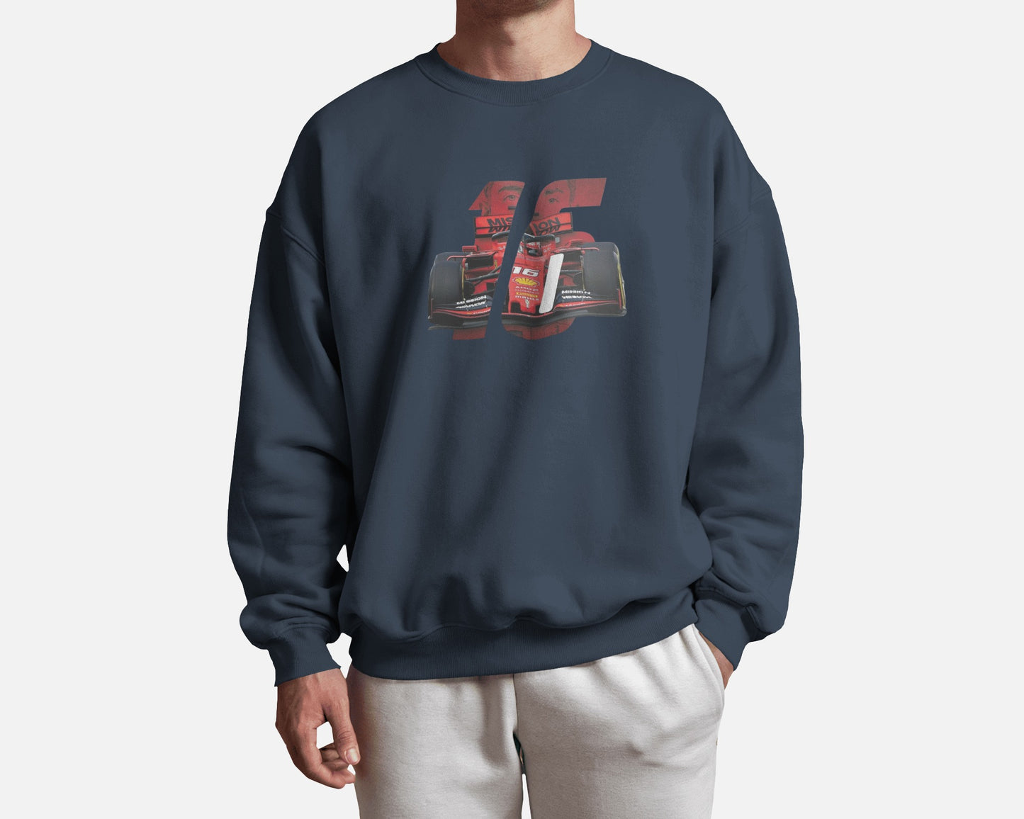 male model wearing navy racing graphic sweatshirt with bold F1 car design – Aethic Apparels streetwear