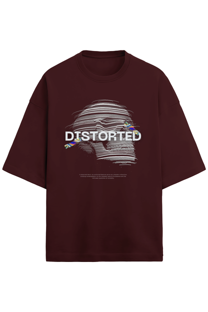 Maroon t-shirt with 'DISTORTED' graphic design on a white background