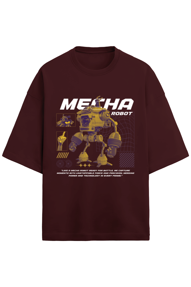 Maroon t-shirt with robot graphic and 'Mecha Robot' text on a white background