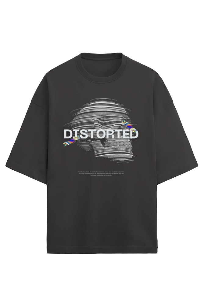 Black t-shirt with 'DISTORTED' graphic design on a white background