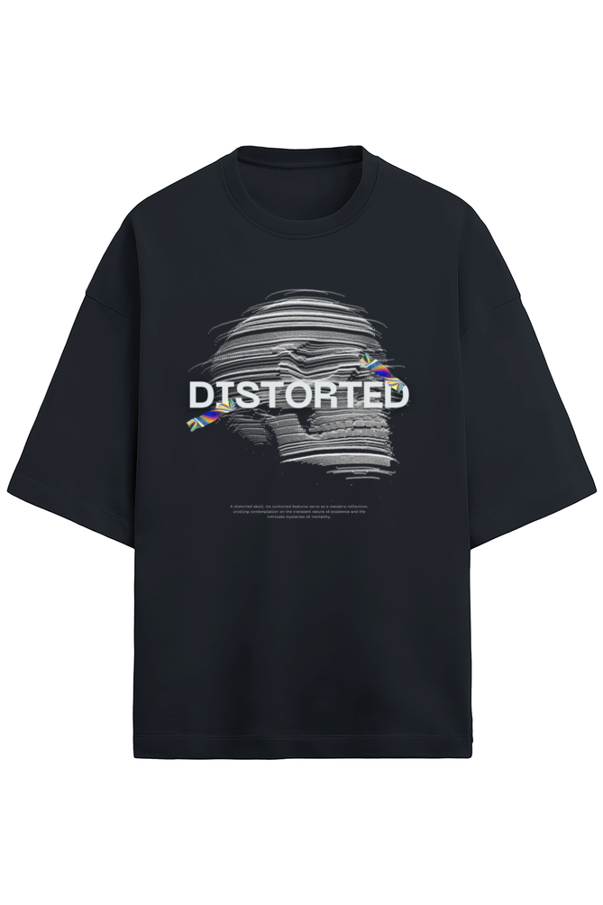 Black t-shirt with graphic design and 'DISTORTED' text on a white background