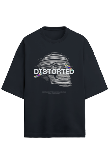 Black t-shirt with graphic design and 'DISTORTED' text on a white background