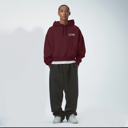 Person wearing a maroon hoodie with 'AETHIC' branding on a white background
