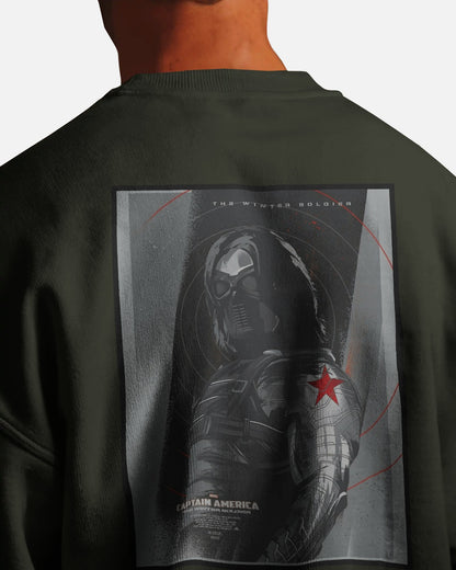 Winter Soldier graphic print sweatshirt in dark green by Aethic Apparels, made with premium cotton fleece and unisex relaxed fit.