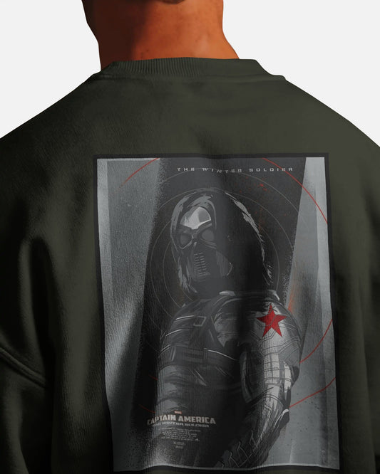 Winter Soldier graphic print sweatshirt in dark green by Aethic Apparels, made with premium cotton fleece and unisex relaxed fit.