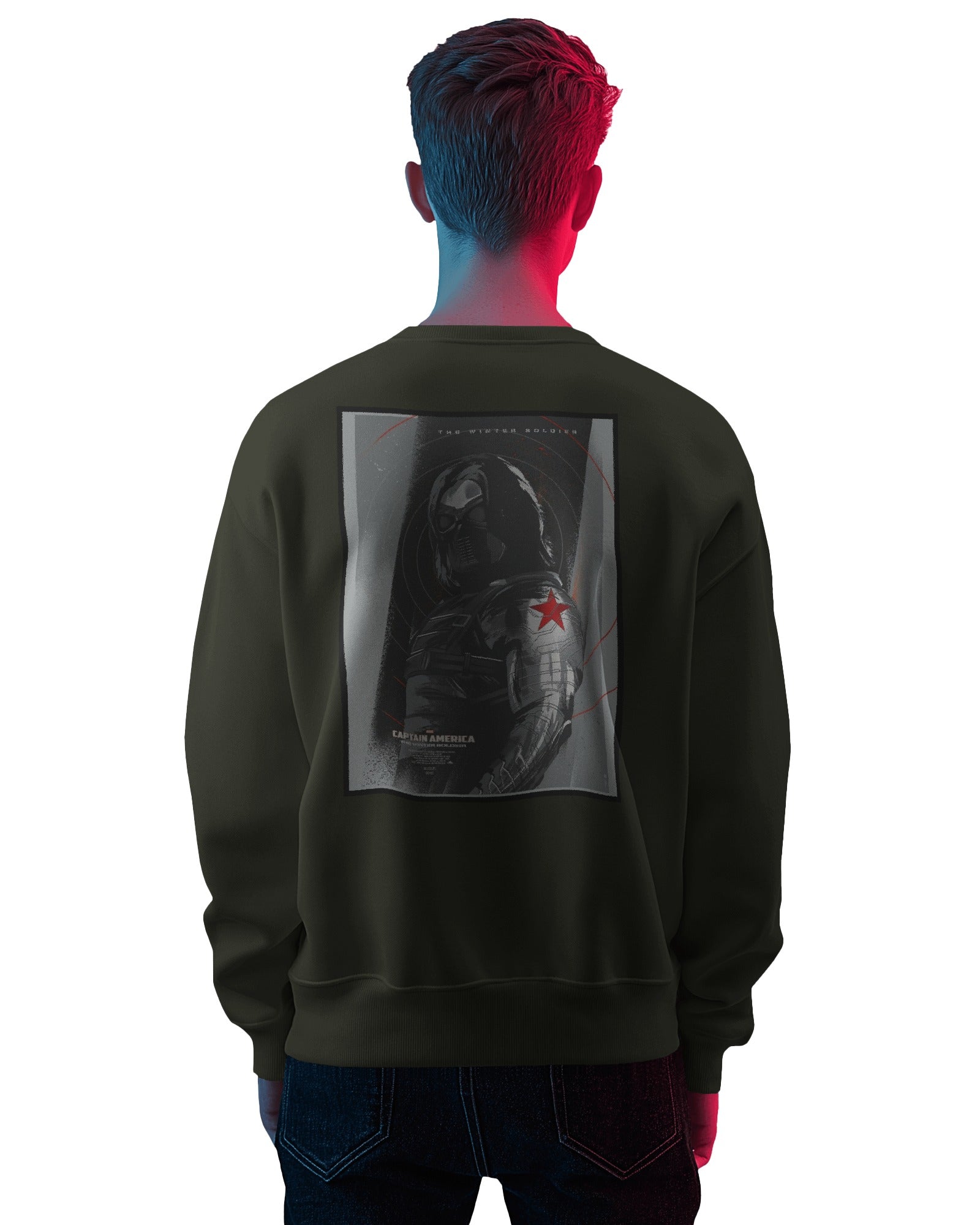 Winter Soldier graphic print sweatshirt in dark green by Aethic Apparels, made with premium cotton fleece and unisex relaxed fit.