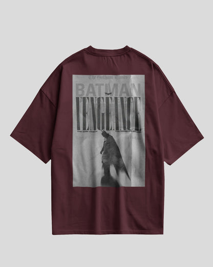 Maroon t-shirt with graphic design on the back featuring a silhouette of a character and text.