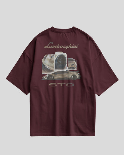 Maroon t-shirt with Lamborghini logo and car graphic on a light gray background