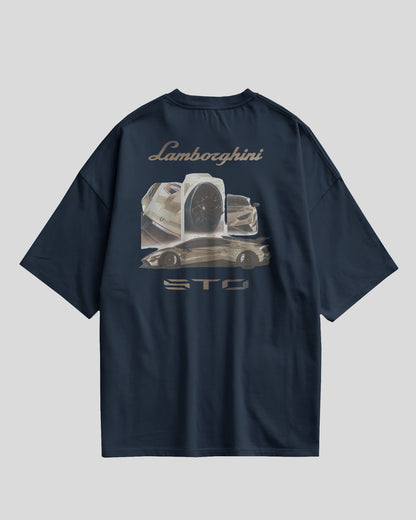 Navy blue t-shirt with Lamborghini logo and car illustration on a gray background