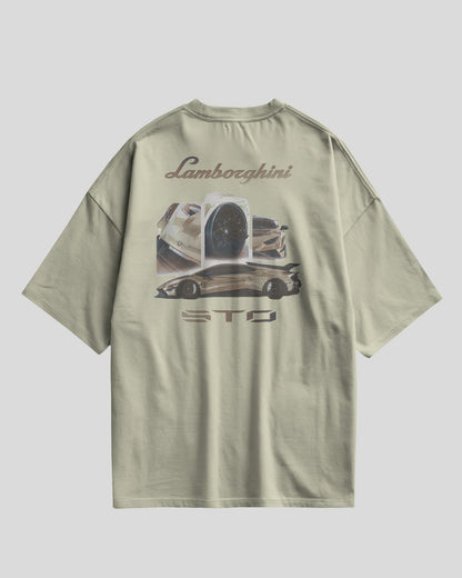 Green t-shirt with Lamborghini logo and car graphic on a light gray background