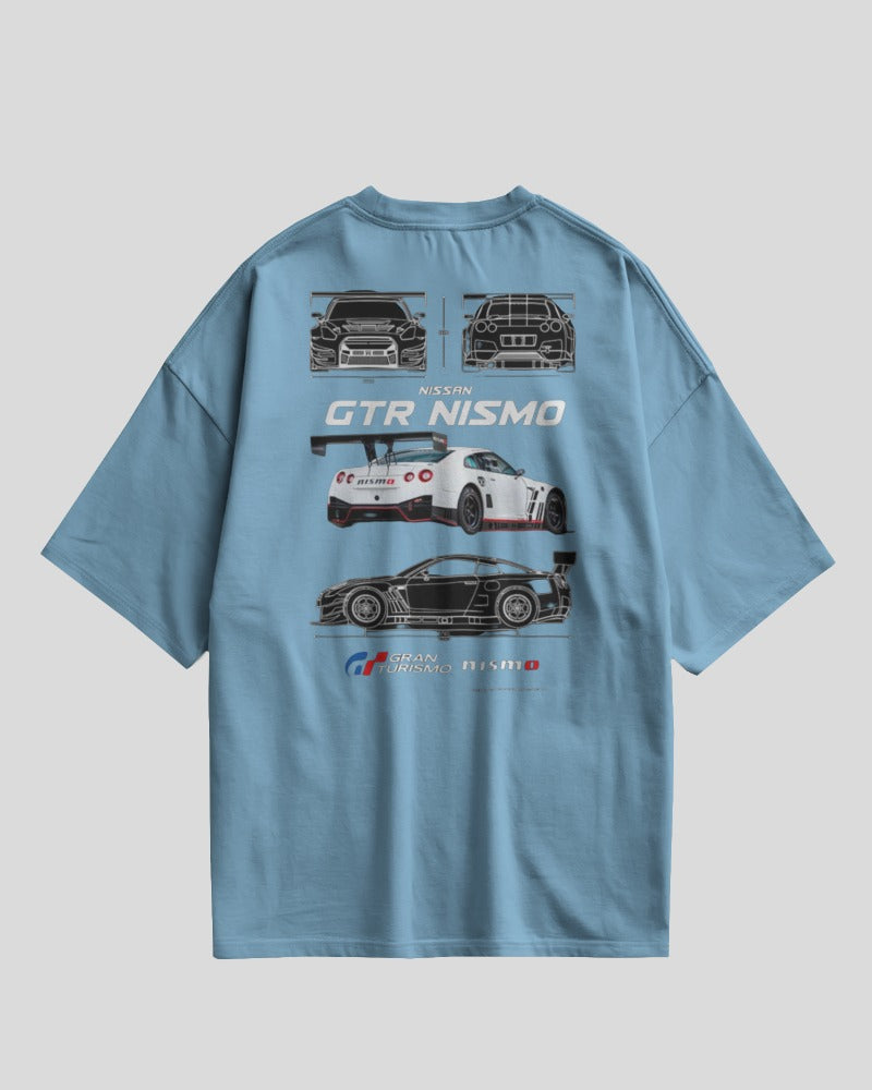 Blue t-shirt with car graphics and 'Nissan GTR Nismo' text on a gray background