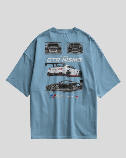 Blue t-shirt with car graphics and 'Nissan GTR Nismo' text on a gray background