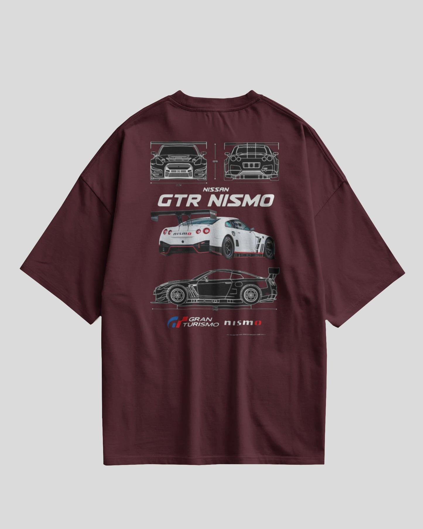 Maroon t-shirt with Nissan GTR Nismo graphics on a light gray background