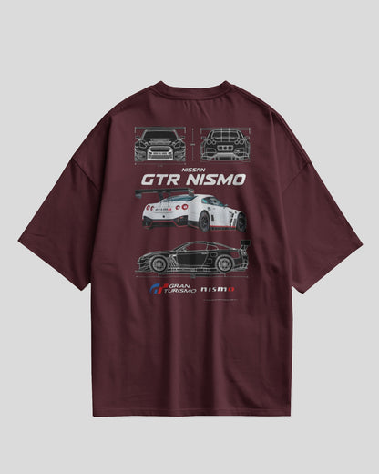 Maroon t-shirt with Nissan GTR Nismo graphics on a light gray background