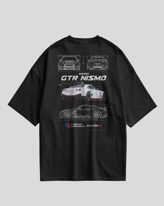 Black t-shirt with Nissan GTR Nismo graphics on a gray background
