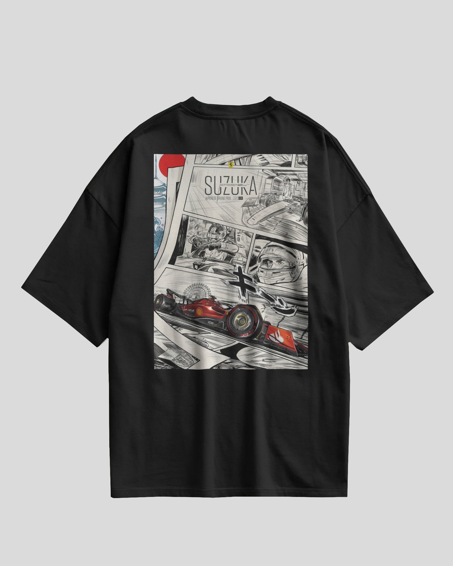 Black t-shirt with a graphic design of a race car and 'Suzuka' text on a gray background
