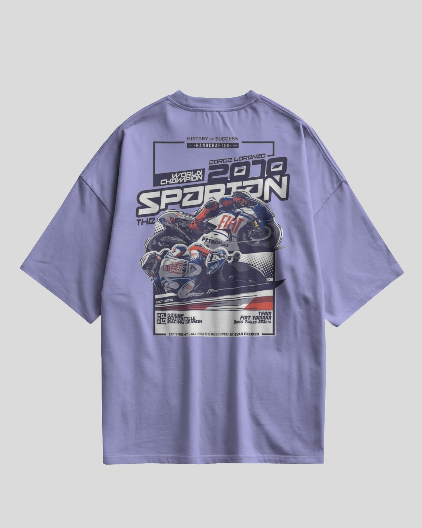 Purple t-shirt with motorcycle graphic and text on a gray background