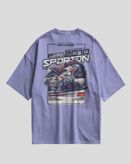 Purple t-shirt with motorcycle graphic and text on a gray background