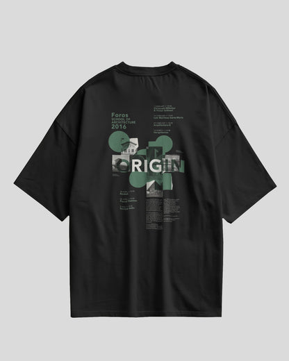 Black t-shirt with green graphics and text on a gray background