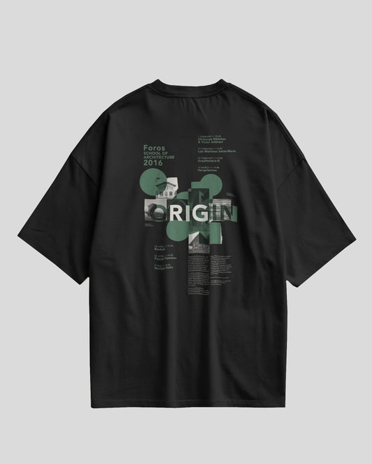 Black t-shirt with green graphics and text on a gray background