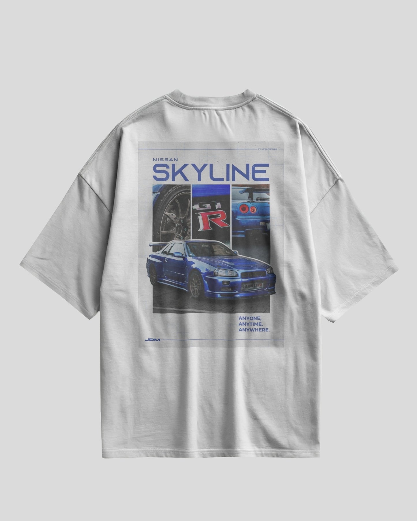 white t-shirt with Nissan Skyline graphic on a light gray background