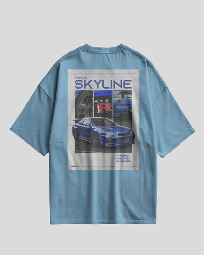 baby Blue t-shirt with a graphic of a car and 'SKYLINE' text on a gray background