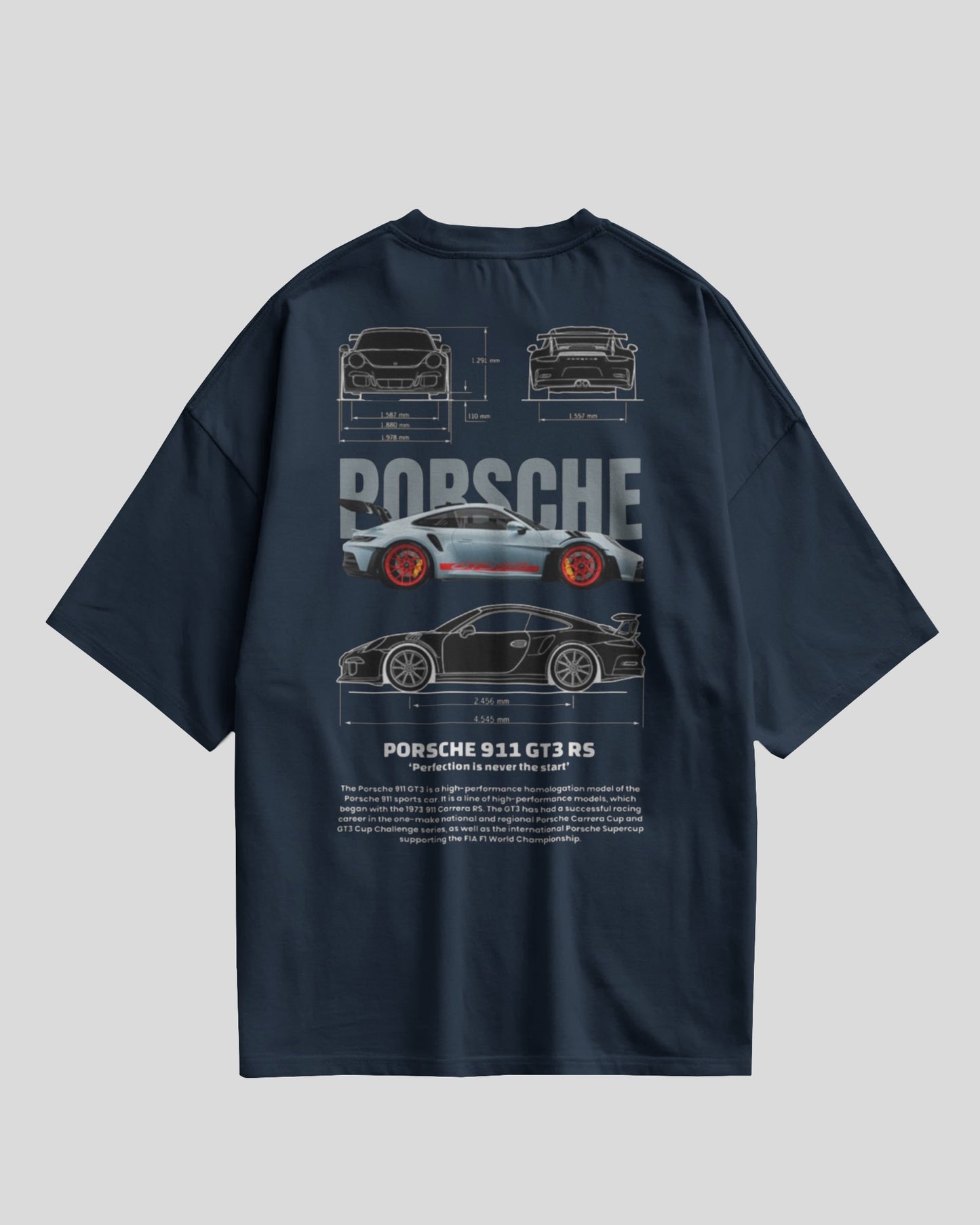 Navy blue t-shirt with Porsche car design on the back against a light gray background