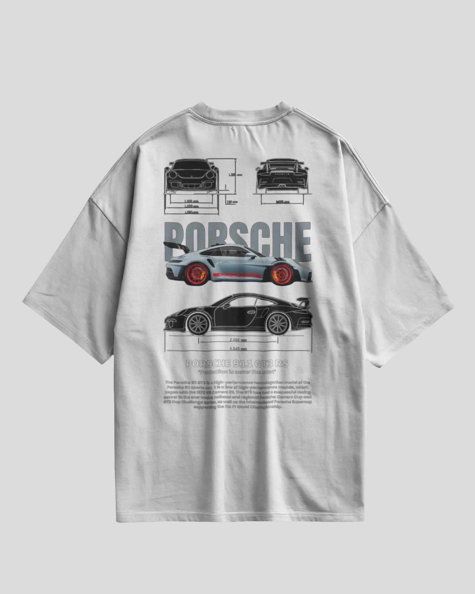 White t-shirt with Porsche car design on the back against a light gray background