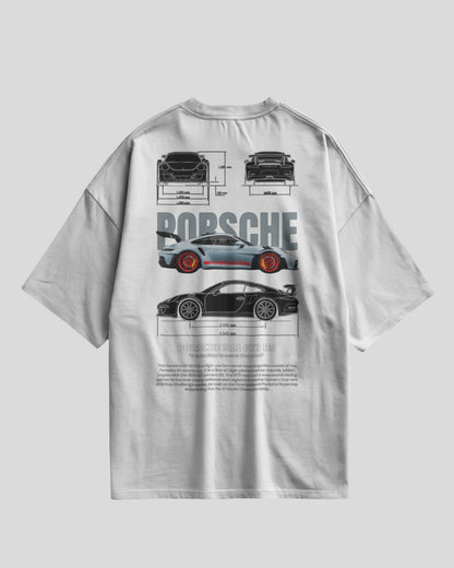 White t-shirt with Porsche car design on the back against a light gray background