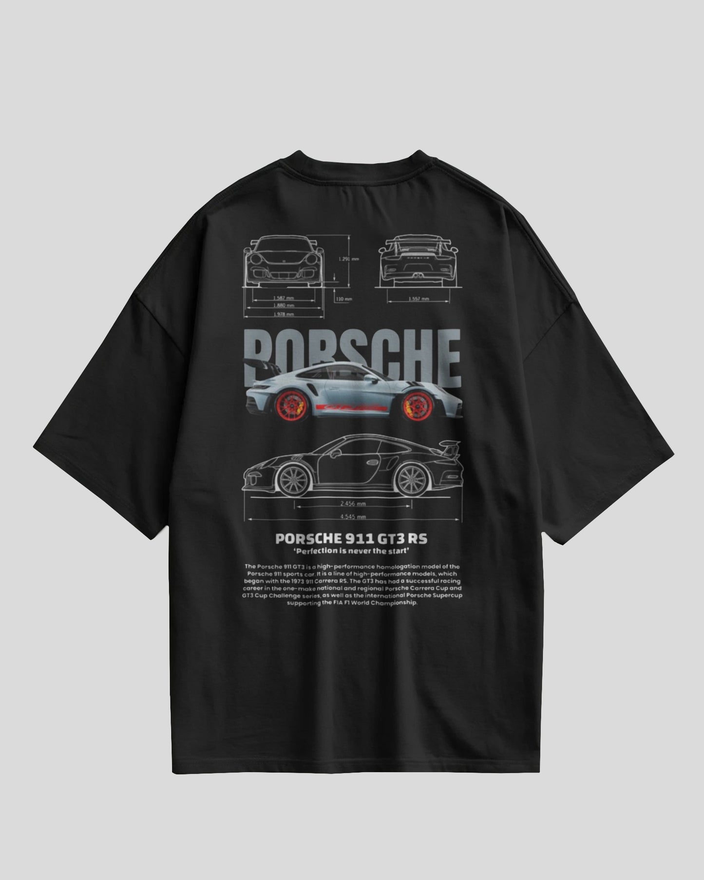 Black t-shirt with Porsche car design on a gray background