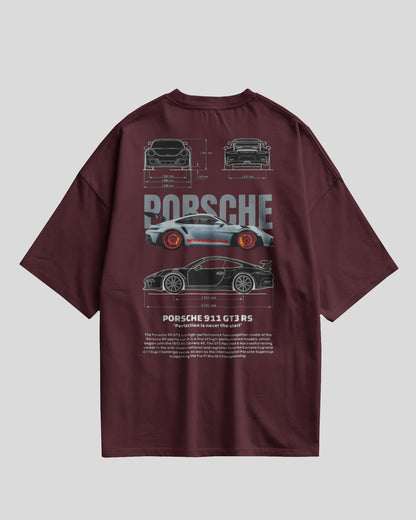 Maroon t-shirt with Porsche car design on a gray background