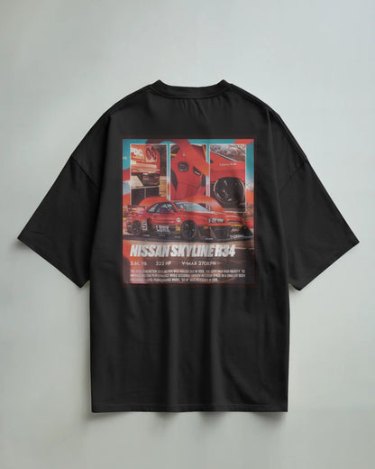 Colour_Black t-shirt with Nissan Skyline R34 graphic on a gray background