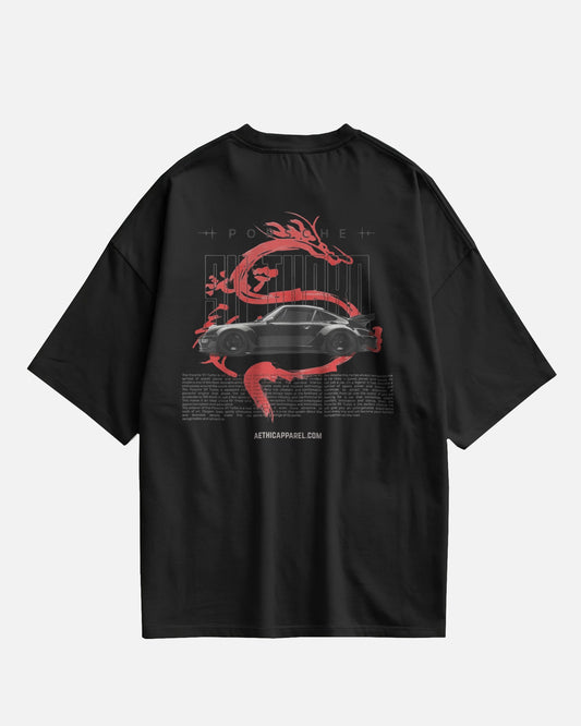 Colour_Black t-shirt with red graphic design on a white background