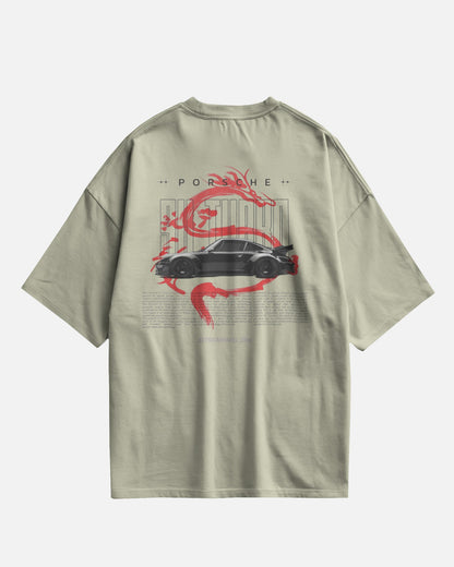 Colour_Offwhite t-shirt with a graphic design of a car and dragon on the back, on a white background.