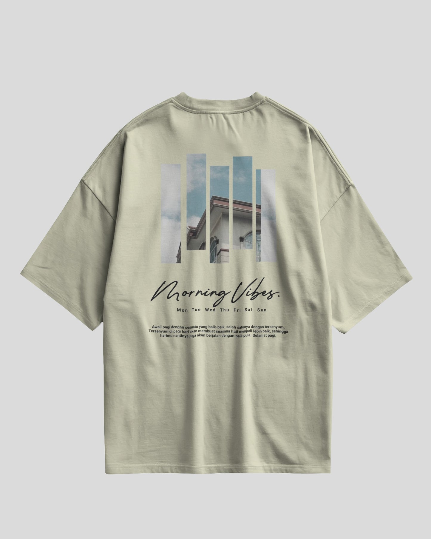 Light green t-shirt with photo collage and text on a white background
