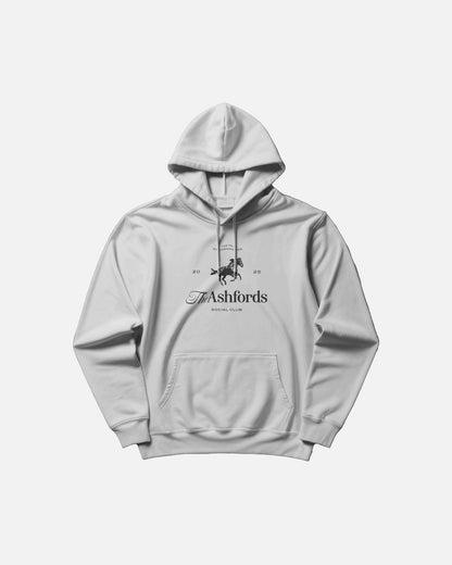 White hoodie with Ashfords logo on a white background