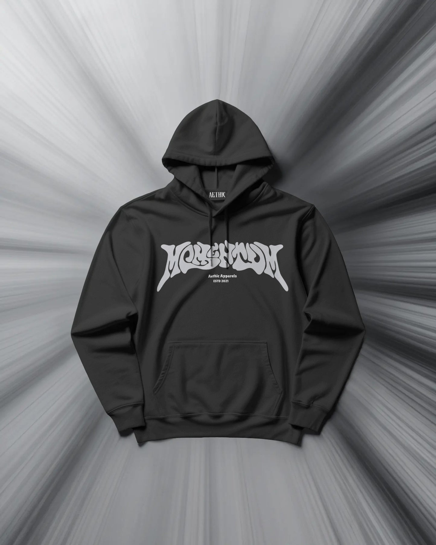 Black hoodie with white logo on a gray radial background