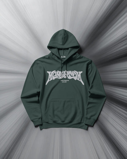 Green hoodie with white text on a gray radial background