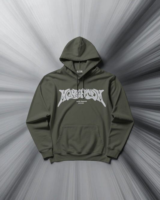 Green hoodie with a white logo on a gray background